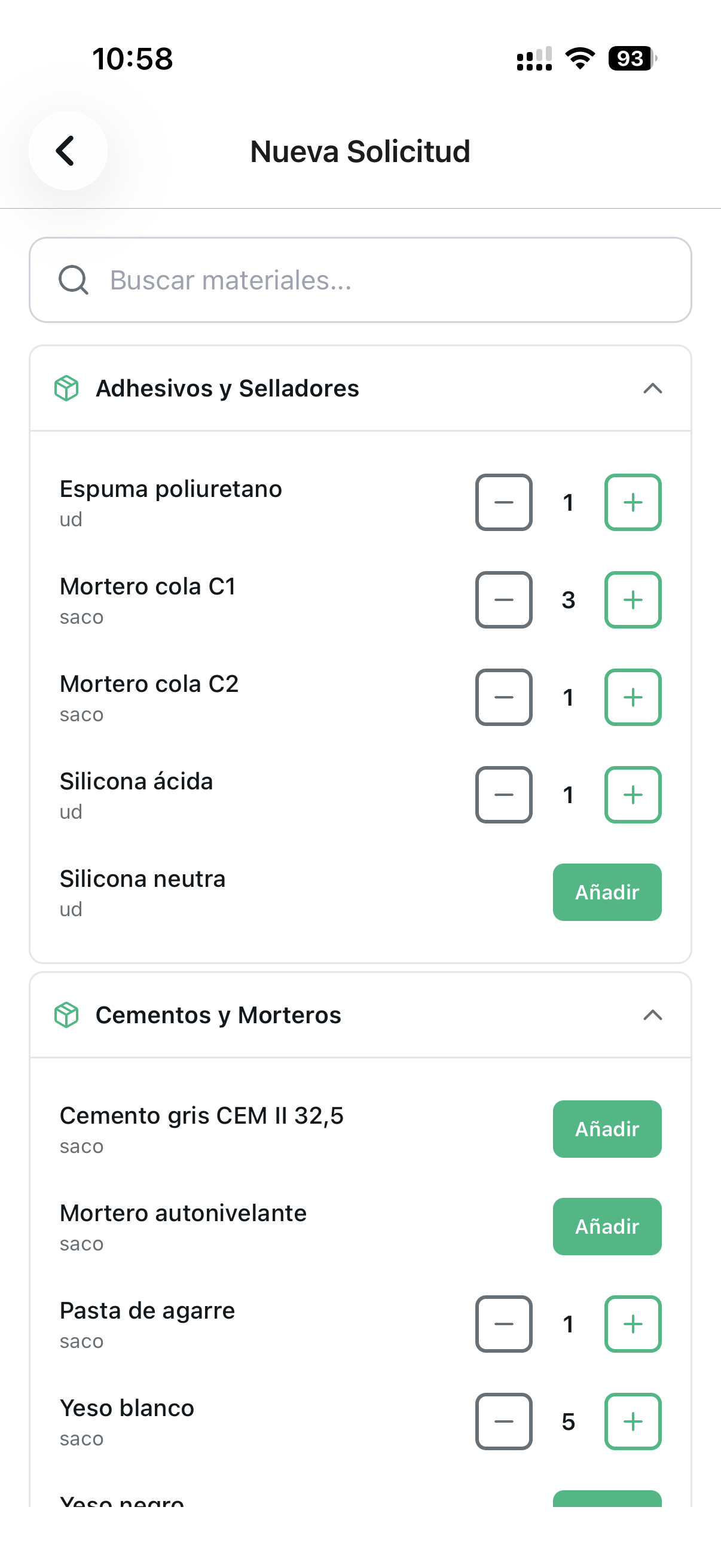 New Material Request screen with materials catalogue grouped by category