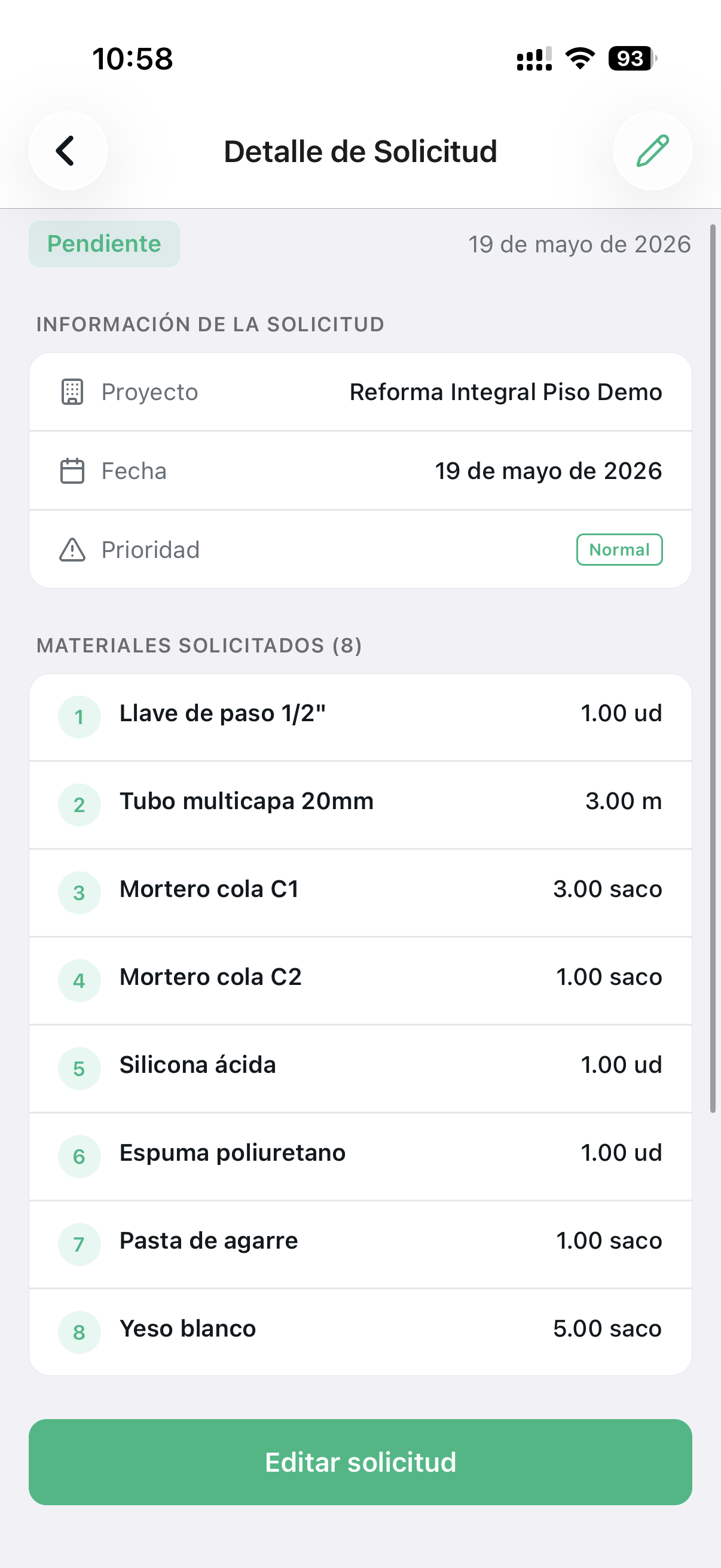 Material Request Detail screen with line items and Pending status