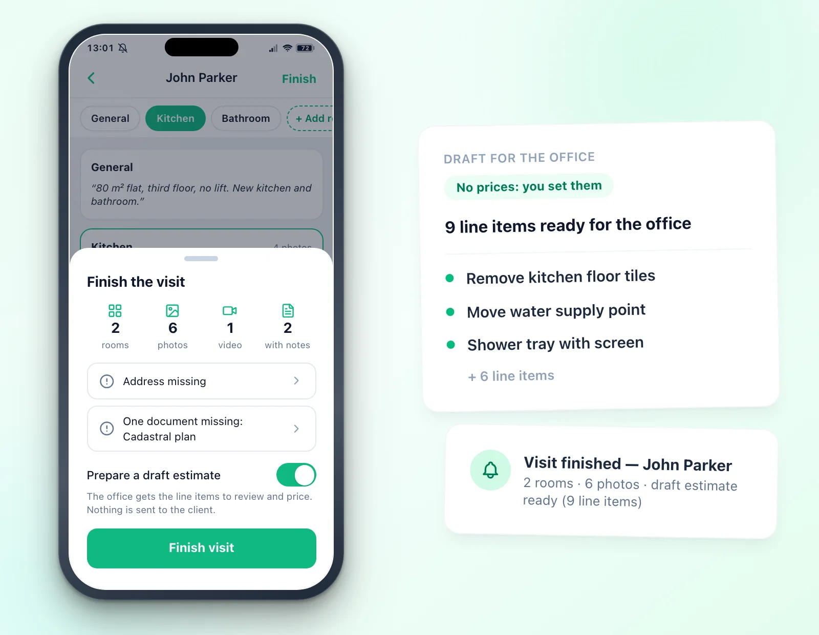 Finishing the visit: summary, what is missing, and the draft line items without prices for the office
