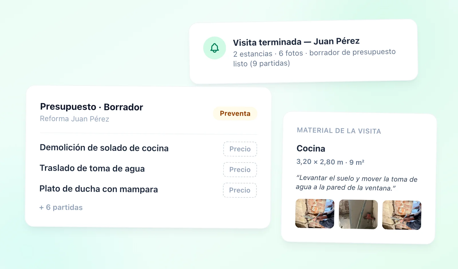 En la oficina: el aviso de visita terminada, el borrador de presupuesto y el material de la visita