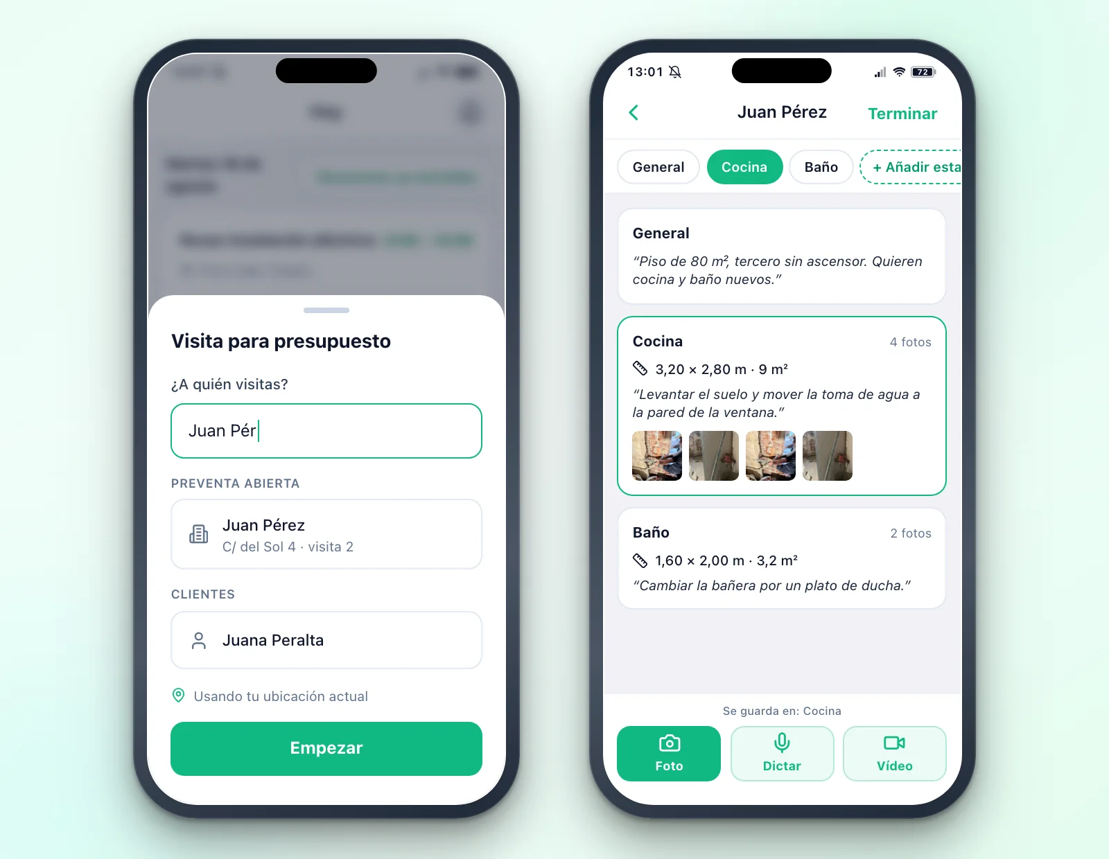 Visita para presupuesto en la app de Tabiquo: se empieza con el nombre del cliente y se captura estancia por estancia