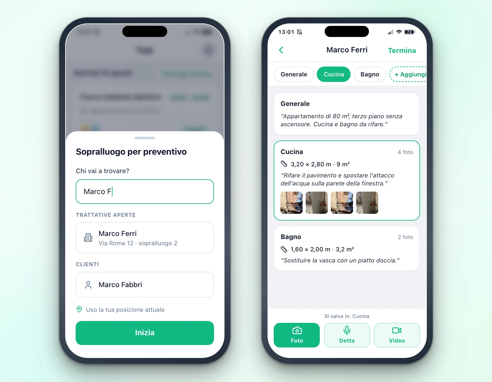 Sopralluogo per preventivo nell'app Tabiquo: si parte dal nome del cliente e si raccoglie locale per locale