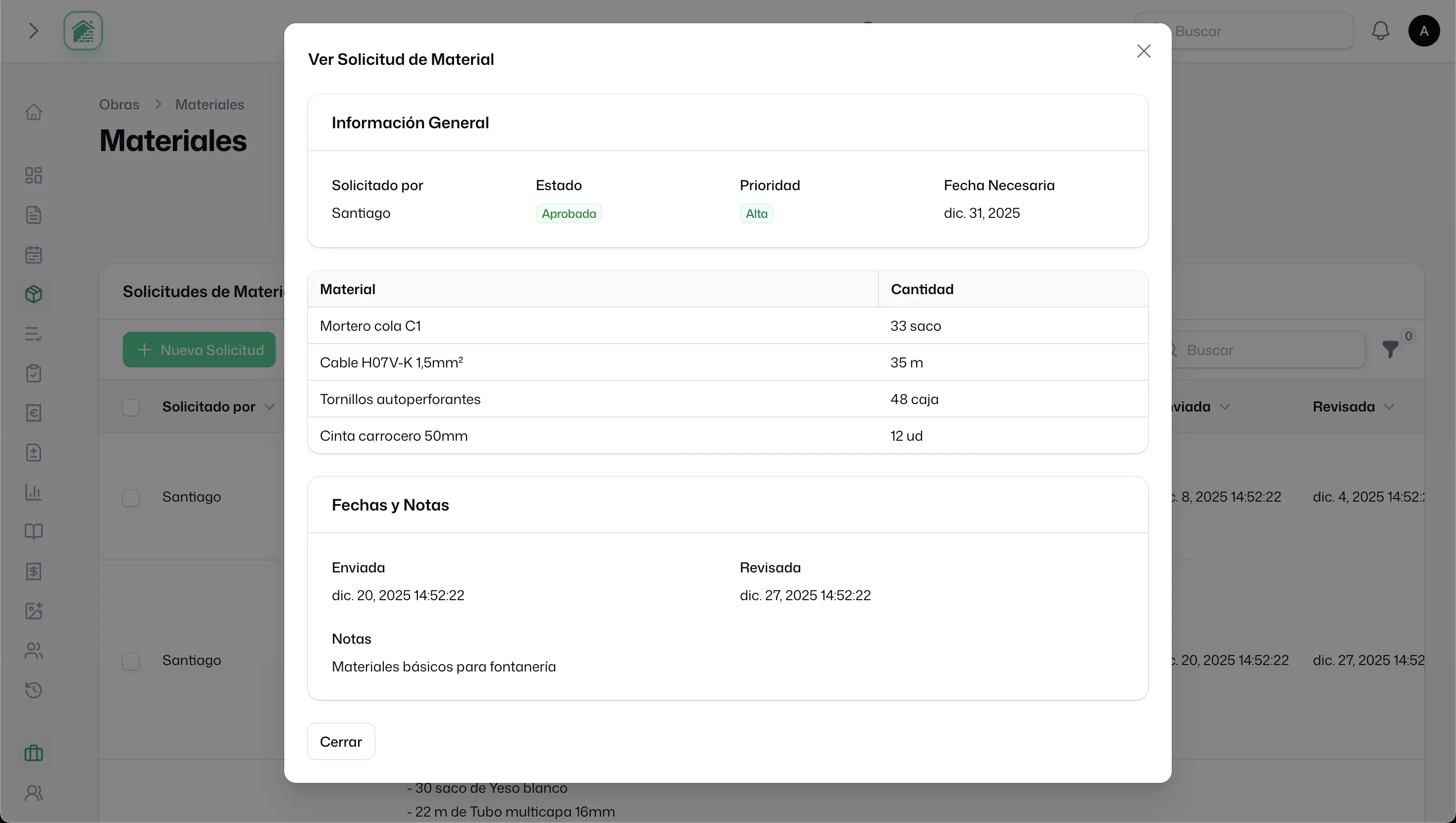 Tabiquo SaaS screenshot - material requests