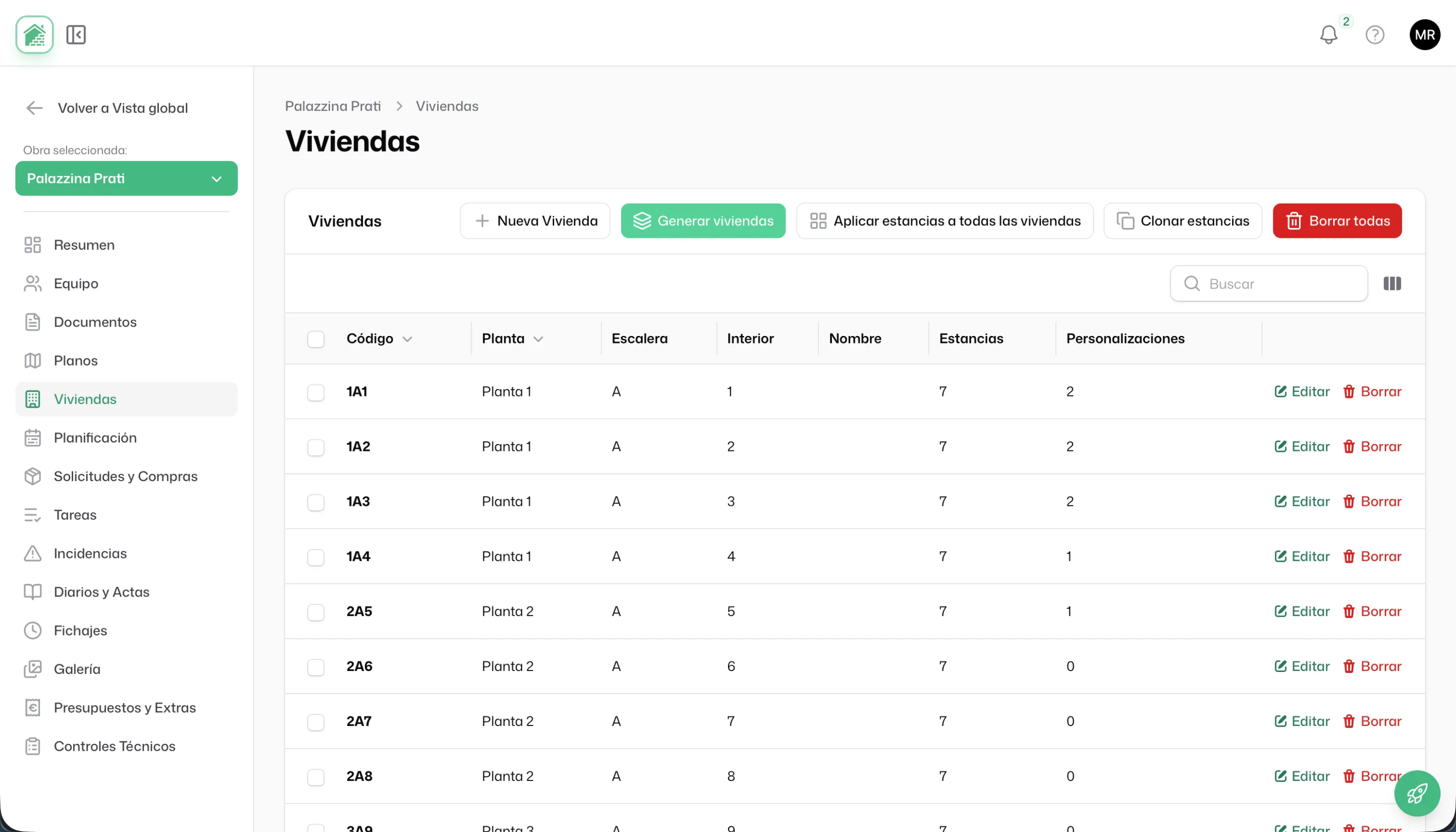 Listado de viviendas de un proyecto con las variantes pedidas por cada cliente